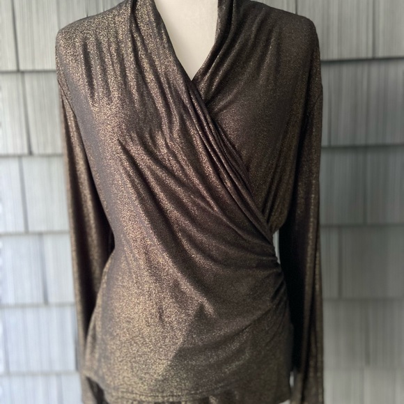 Prima Bella long sleeve Large Shimmer Wrap Top NWT black and Gold Slinky stretch - Picture 2 of 7